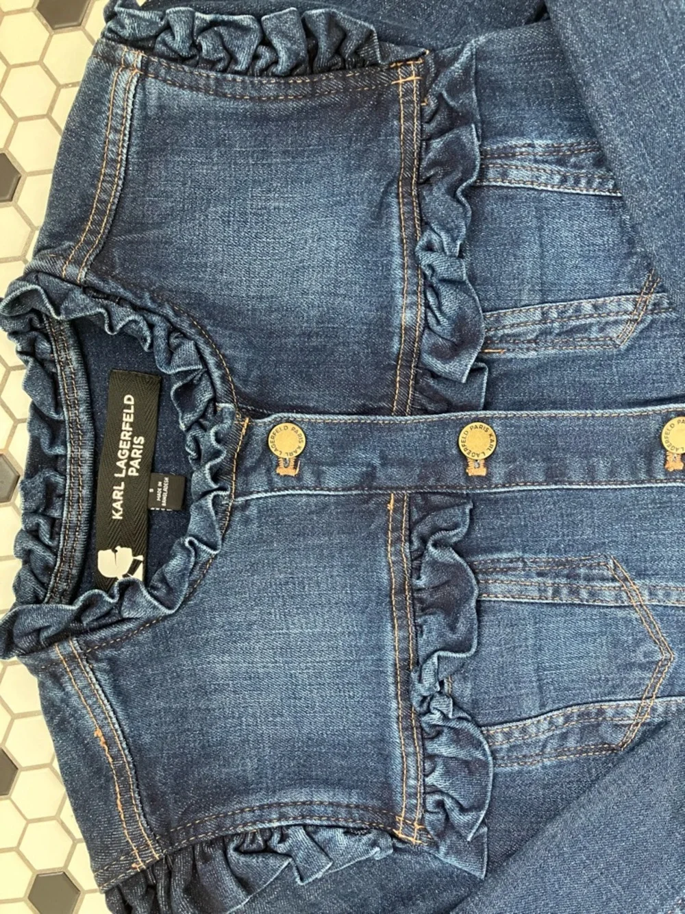 Whimsical Karl Lagerfeld Paris Dark Blue Ruffle-Trim Denim Jacket Sz. Small - Picture 8 of 15